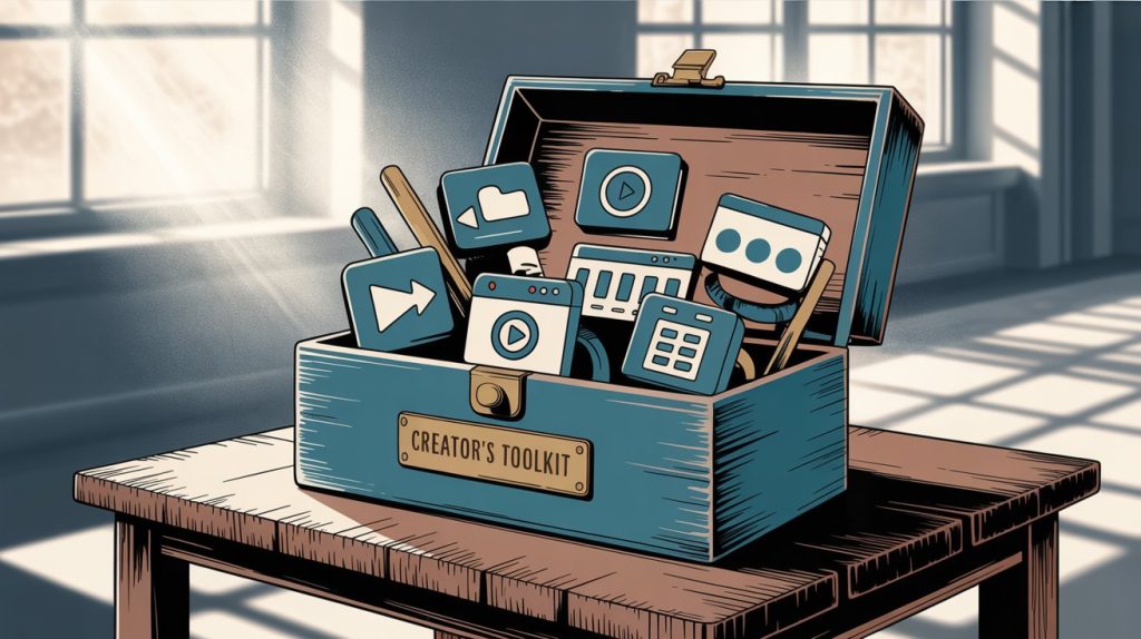 An illustration of an open toolbox filled with icons representing free tools for video editing, graphic design, scheduling, and analytics, representing a creator's toolkit.