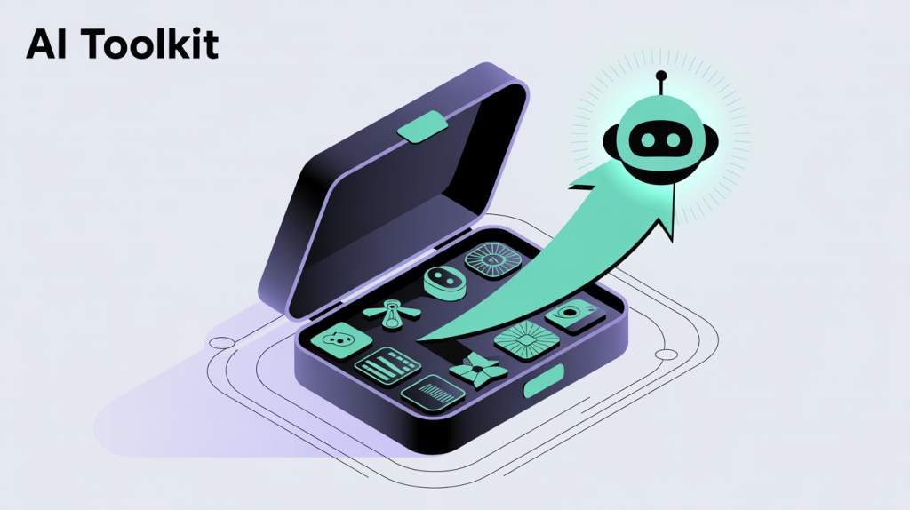 An illustration of a toolkit with icons for various AI tools, with a glowing arrow pointing away from a basic chatbot, representing a new generation of AI tools.