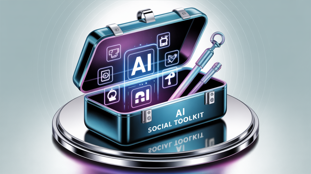 An illustration of a futuristic toolbox with glowing icons for various AI tools, representing a guide to AI tools for social media.