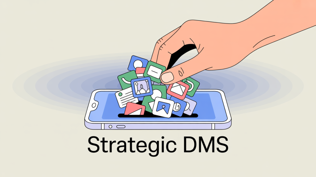 An illustration of a hand cleaning up a chaotic smartphone inbox to create a clear path to business growth, representing a guide to using DMs strategically.
