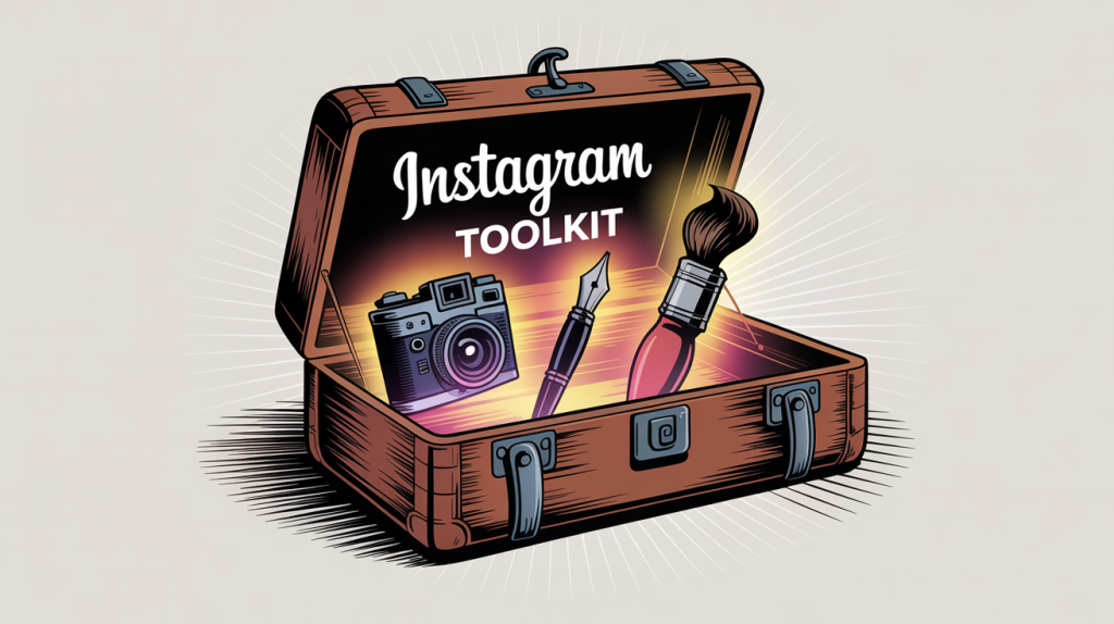 An illustration of an open toolkit with glowing icons for a camera, a pen, and a paintbrush, representing a guide to Instagram tools.