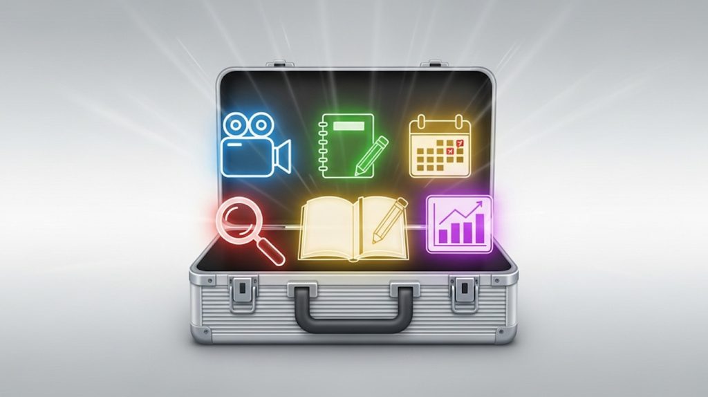 An illustration of an open toolbox filled with glowing icons representing various free social media tools for content creation, planning, and analytics.