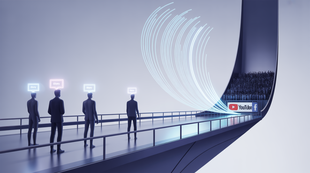 An illustration of a bridge connecting figures with "Story" icons to a large audience with "YouTube" and "Facebook" icons, representing the repurposing of video content.