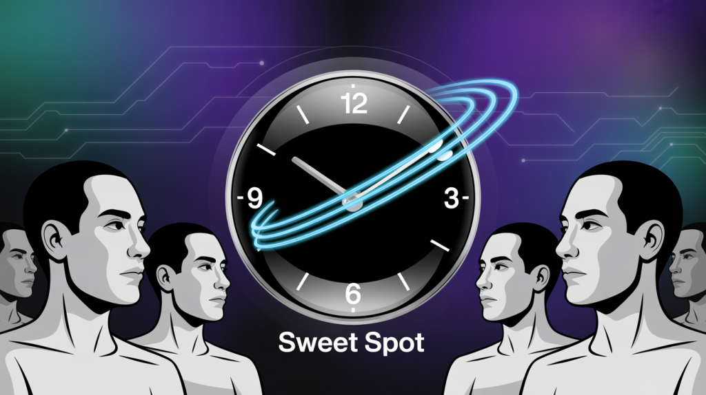 An illustration of a futuristic clock with glowing hands moving to a specific time, with figures watching, representing the optimal video length.