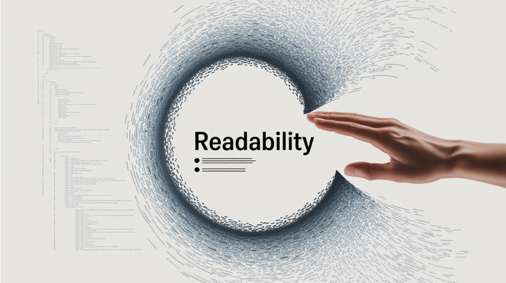 An illustration of a hand creating white space, bold text, and bullet points on a digital document, representing the design principles of readability.