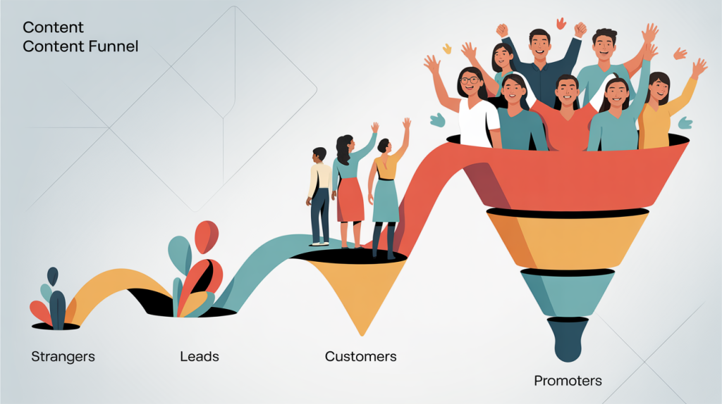 An illustration of a content funnel with four labeled sections: Strangers, Leads, Customers, and Promoters, representing a blueprint for growth and sales.