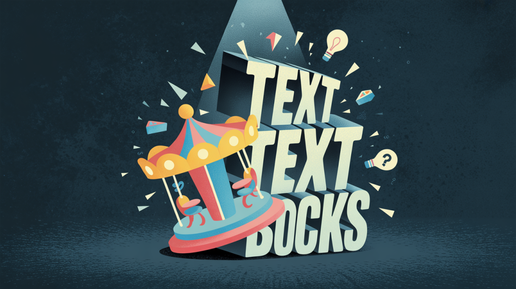 An illustration of a carousel being crushed by text blocks and chaotic idea icons, representing the mistake of overcrowding a carousel.