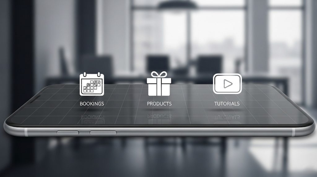 An illustration of a phone screen with icons for bookings, products, and tutorials, representing free tools for managing audience interactions and business operations.