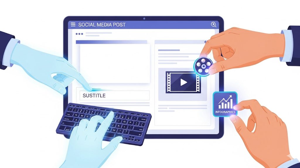 An illustration showing a social media post being built with various tools, symbolizing free software for video scripting, editing, and creating infographics.
