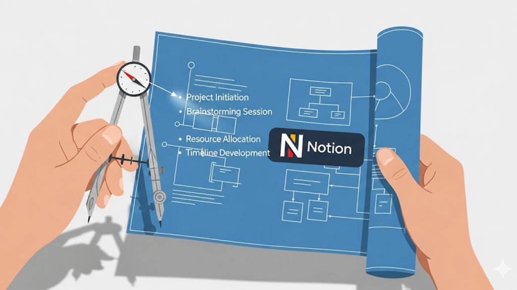 An illustration of hands holding a compass and a blueprint with a "Notion" logo, representing free tools for content research and strategic planning.