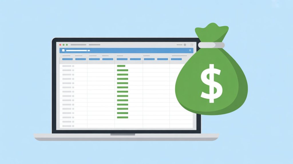 An illustration of a laptop screen showing a spreadsheet for tracking leads, with a money bag icon in the background, representing the business side of social media.