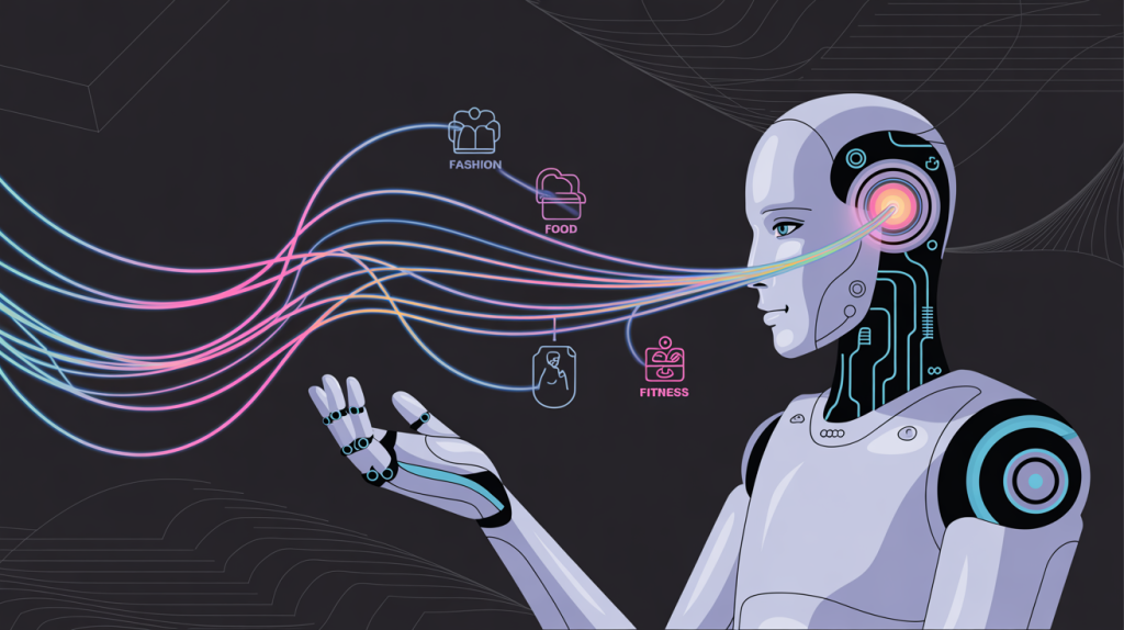 An illustration of a hand sending content category icons to a robot, representing the act of training the Instagram algorithm.