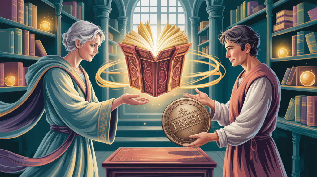 An illustration of two figures with one holding a glowing gift and the other a "trust" badge, representing offering something of value and building trust.