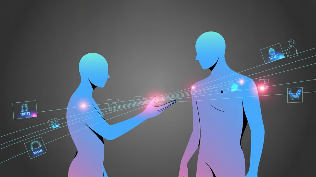 An illustration of two figures with glowing lines flowing between them, filled with icons for trust and value, representing the act of building a relationship.