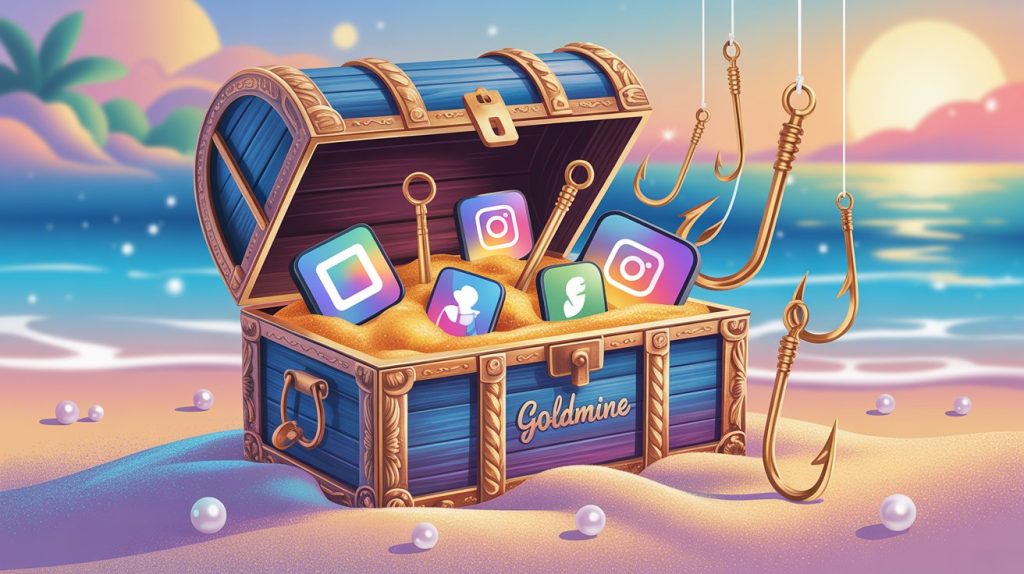 A golden treasure chest overflowing with digital product icons and gleaming golden fishing hooks, symbolizing a valuable collection of attention-grabbing tools.