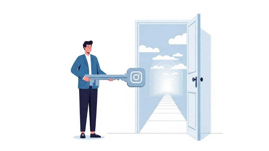 A symbolic illustration of a person holding a key with the Instagram logo, unlocking a door to a path that represents organic growth and a new strategy.