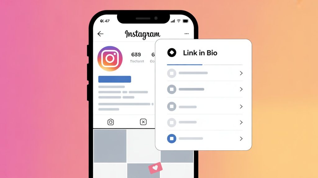 An illustration of an Instagram profile with a highlighted "link in bio" section, showing a clean, updated list of links on a pop-up screen.