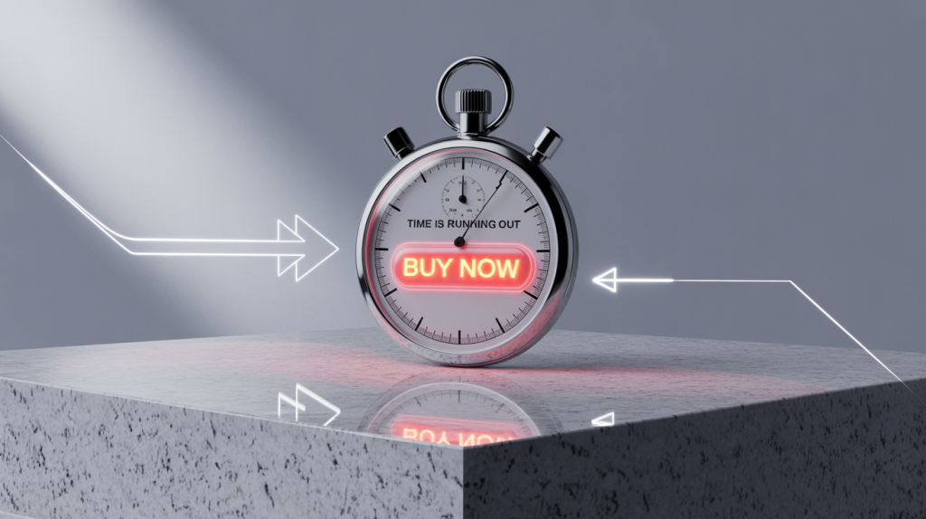 An illustration of a stopwatch with a glowing "Buy Now" button, with arrows pointing to it, representing the use of urgency and a clear call to action