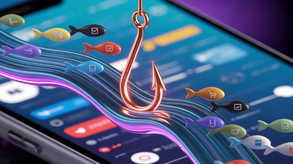 A stylized, glowing fishing hook descends into a river of abstract digital media streams, representing a social media feed. The hook is about to catch fish with digital product icons on their sides. The image has a modern, energetic aesthetic with motion blur.
