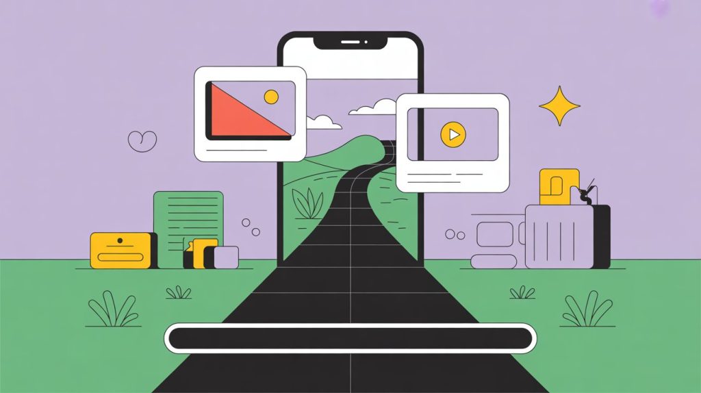 An illustration of a smartphone screen showing a B-roll video, with a path leading into the screen, representing the visualization of an intangible service business.