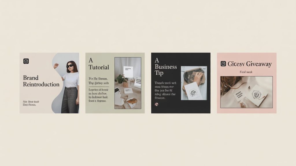 A collage of four Instagram posts showing a brand reintroduction, a tutorial, a business tip, and a giveaway, representing the content for the first week.