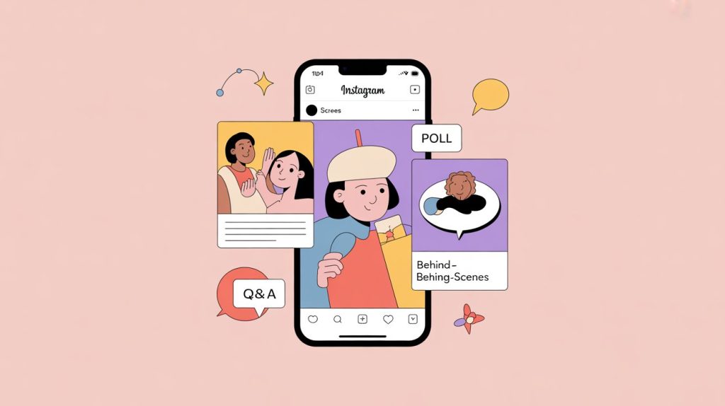 An illustration of a smartphone screen with interactive Instagram Stories like a poll and a Q&A, and a behind-the-scenes photo, representing authentic and engaging content.