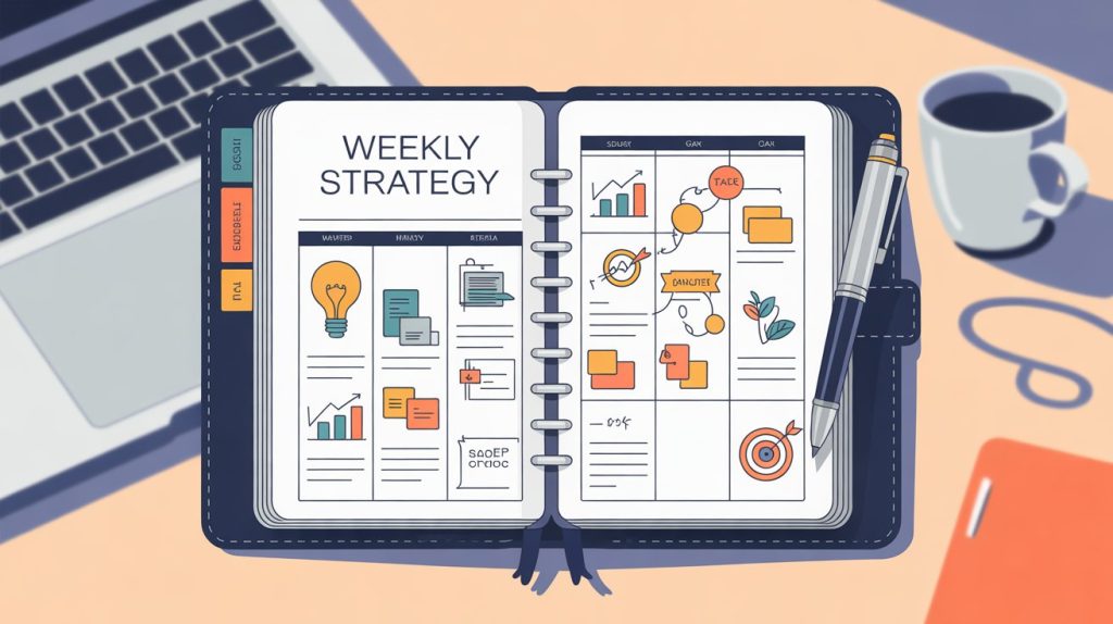 An illustration of a planner open to a weekly schedule with icons for brainstorming, analyzing data, and setting goals, representing a weekly strategy session.