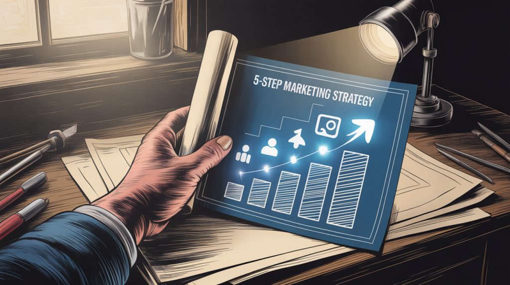 An illustration of a hand holding a blueprint with glowing icons for a 5-step marketing strategy, representing a guide to social media success.