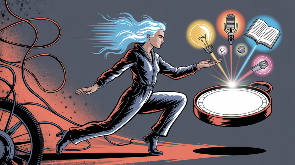 An illustration of a figure using a compass to fill a blank map with icons for content ideas, representing a guide to finding content ideas.
