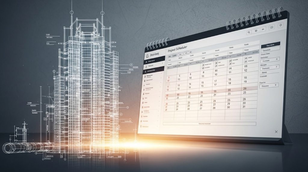 An illustration of a skyscraper blueprint shining light on a digital construction calendar, symbolizing that a content strategy must guide and inform the content calendar.