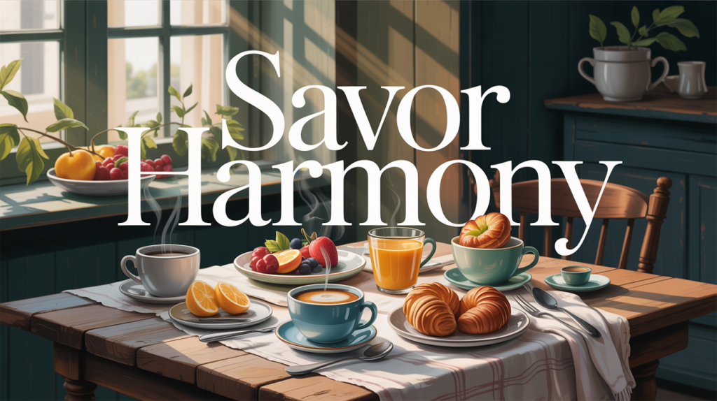 An illustration of a serene lifestyle scene with words like "Savor" and "Harmony" overlaid, representing words that evoke desire and a lifestyle.