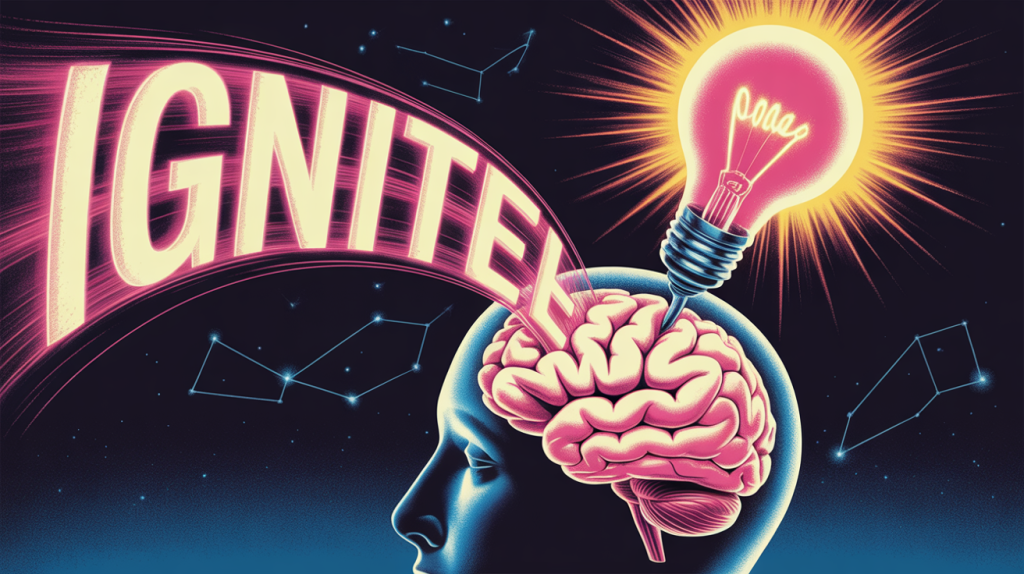 An illustration of glowing words flying into a brain, with a lightbulb turning on, representing words that inspire excitement and inspiration.