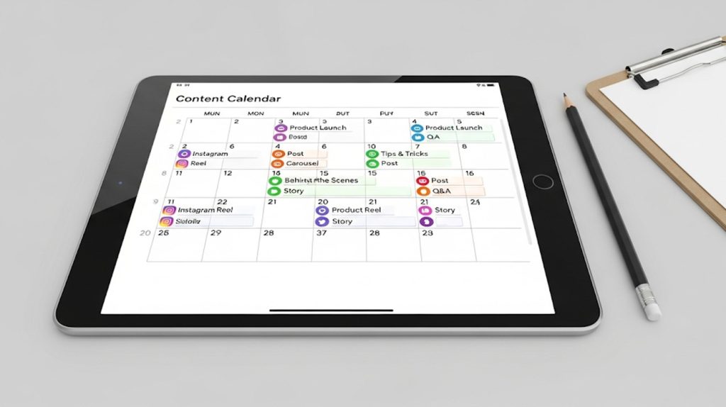 An illustration of a tablet displaying a detailed content calendar, with dates and social media post ideas, to symbolize a daily action plan for content creation.