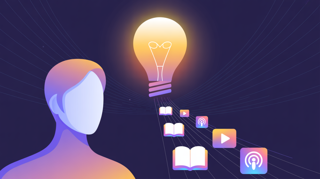 An illustration of a figure with a lightbulb icon, with icons for books and podcasts flowing into it, representing how to find content ideas through learning.