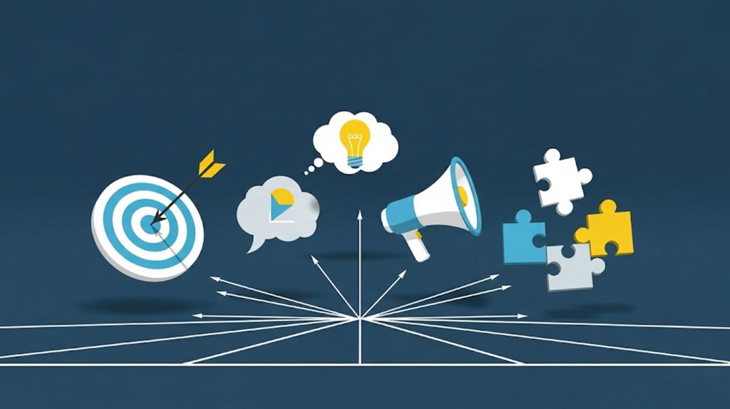 An illustration showing a blueprint with icons for goals, ideas, and a target, representing the strategic components of a high-level content plan.
