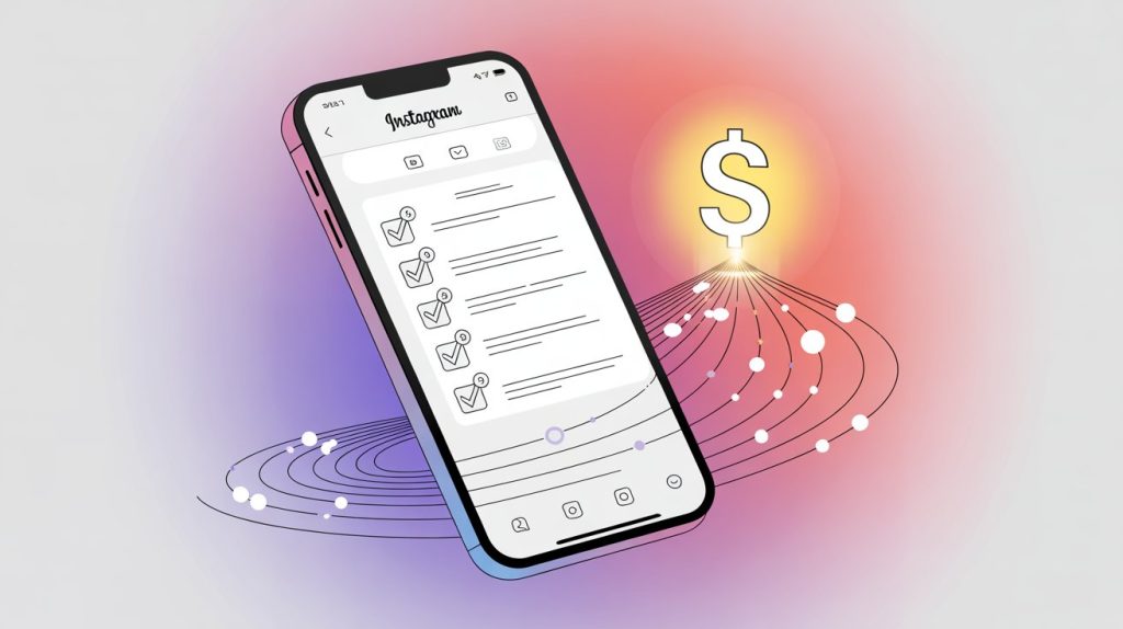 An illustration of a smartphone screen with an Instagram app and a glowing checklist, with a path leading to a dollar sign, representing a routine for sales and engagement.