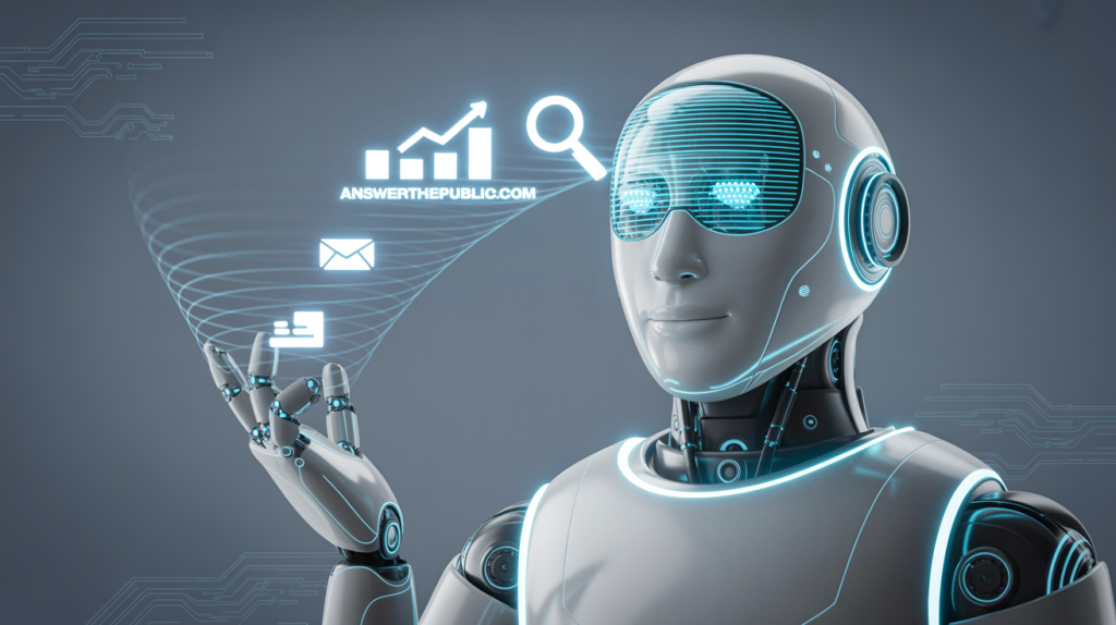 An illustration of a robot with icons for a graph and an email flowing into its head, representing how to use tools to find content ideas.