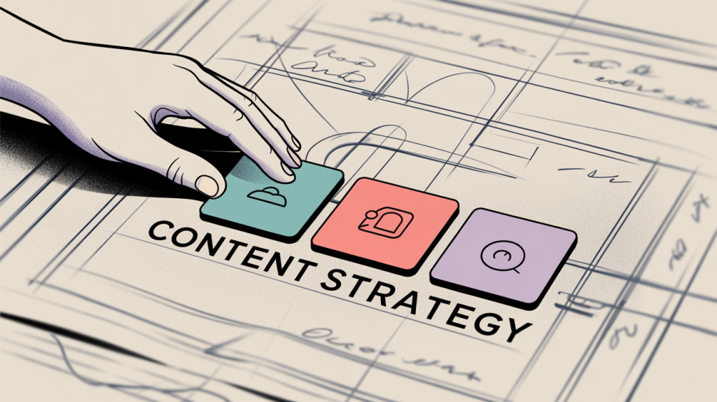 An illustration of a hand placing clear, organized icons onto a blueprint, with a messy background, representing the creation of a data-driven content strategy.