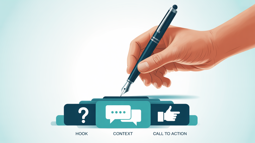 An illustration of a hand with a pen writing a layered series of icons for a hook, context, and a call to action, representing the strategic creation of an engaging caption.