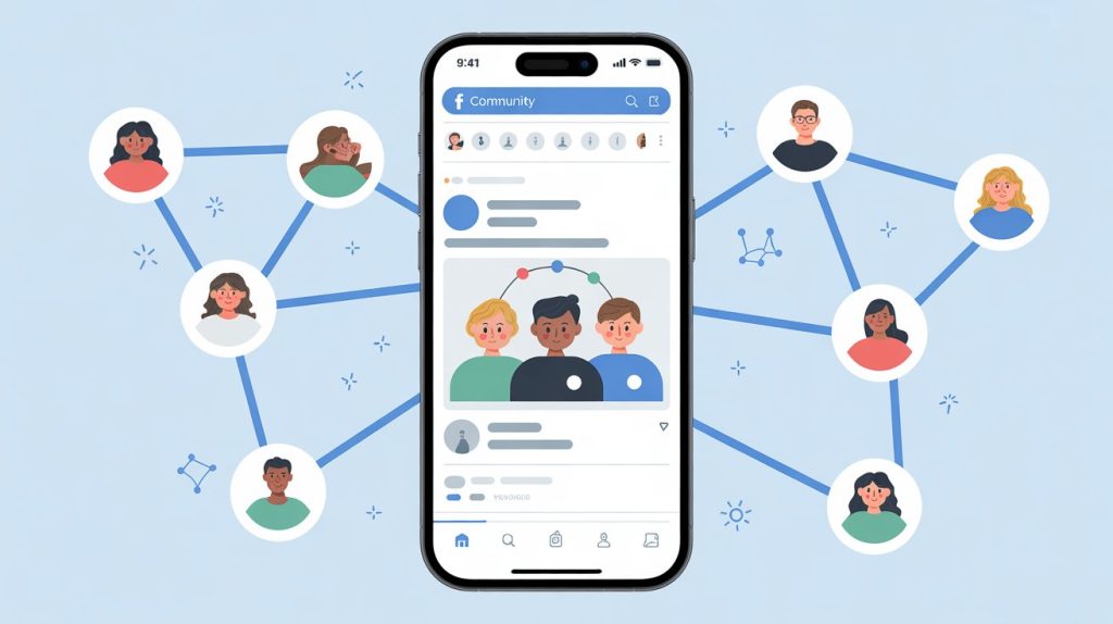 An illustration of a smartphone screen with a Facebook community page, with a network of connected people icons to represent a strategy for building a loyal community.