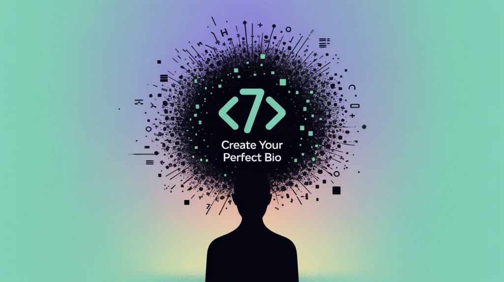 An illustration of a figure with a chaotic mess of symbols above its head, with a prompt icon transforming the mess into a clear bio, representing the creation of a compelling bio with AI.