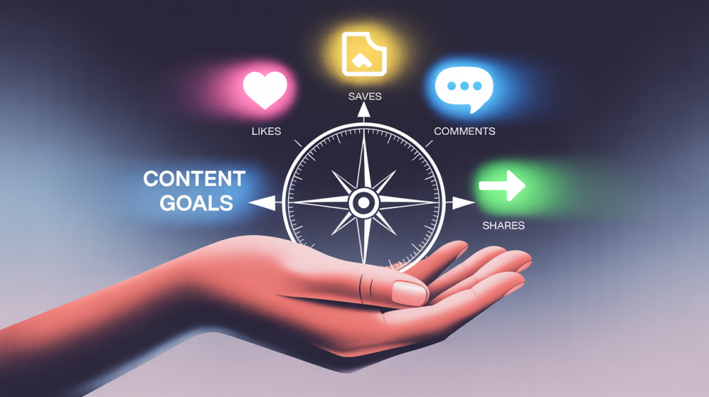 An illustration of a hand holding a compass with icons for likes, comments, saves, and shares, representing a guide to goal-oriented content.