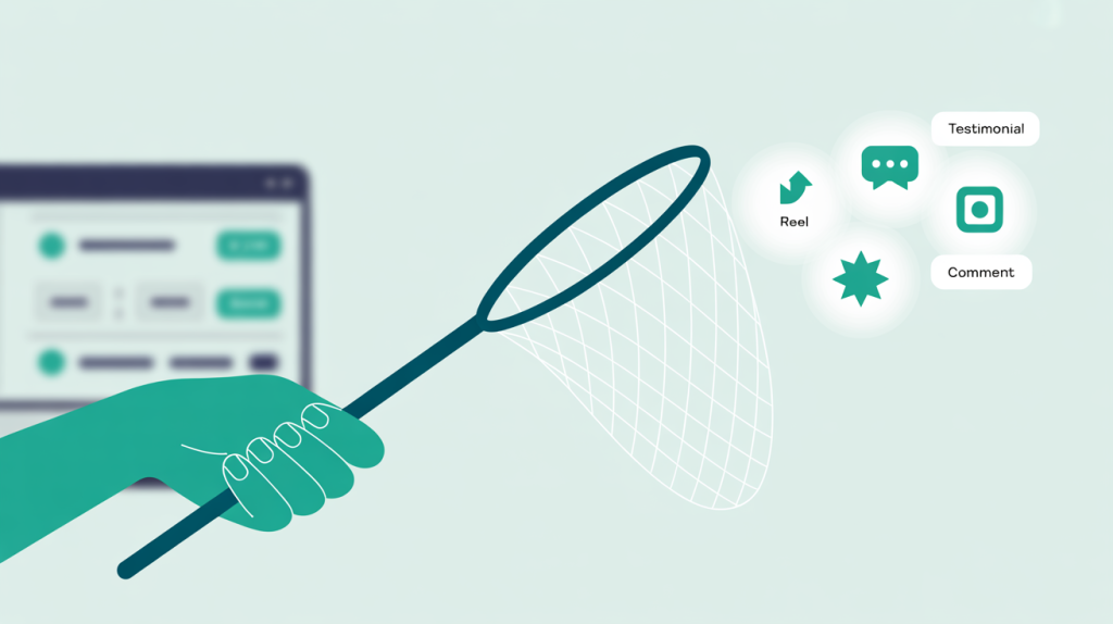 An illustration of a hand using a net to catch content idea icons from a scrolling stream, representing how to use Instagram to find ideas.