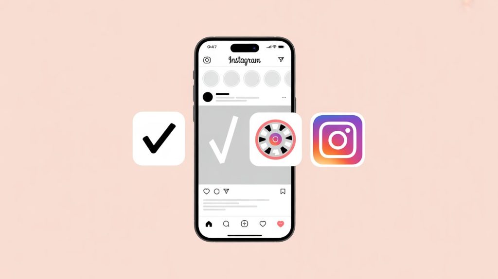 An illustration of a smartphone screen with an Instagram grid, a Reel icon, and a Story ring, representing a checklist for a consistent Instagram strategy.