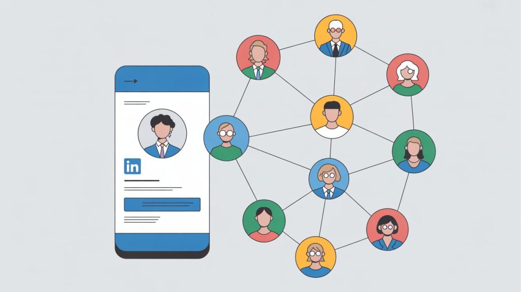 An illustration of a smartphone screen showing a LinkedIn profile with a network of connected icons, representing a strategy for professional networking and thought leadership.