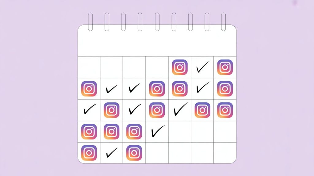 An illustration of a monthly calendar with Instagram icons marked on different days, representing a systematic checklist for consistent social media growth.