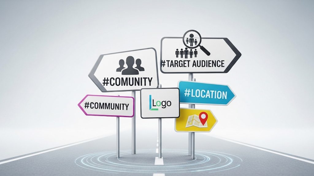 An illustration of a highway with various road signs pointing in different directions. Each sign represents a different type of hashtag, like community, brand, and niche, to symbolize a strategic approach to Instagram growth.