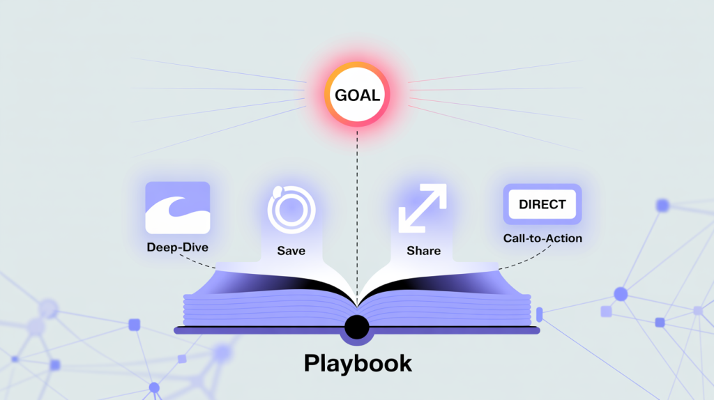 An illustration of a blueprint with icons for deep-dive content, saves, shares, and CTAs, representing a playbook for real growth.