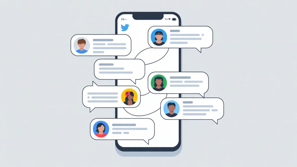 An illustration of a smartphone screen with the Twitter app open, with multiple chat bubbles connecting different user profiles to represent a conversational and engaging strategy.