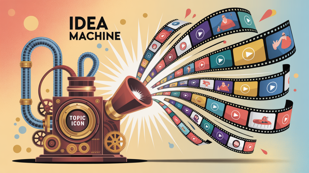 An illustration of an idea machine with a topic icon going in and viral film strip icons coming out, representing the generation of viral Reel ideas.